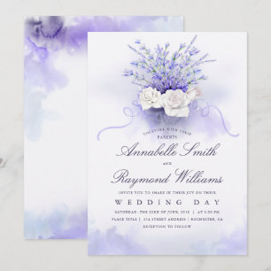 Invitación Lavenders y White Roses Bouquet Elegante Boda