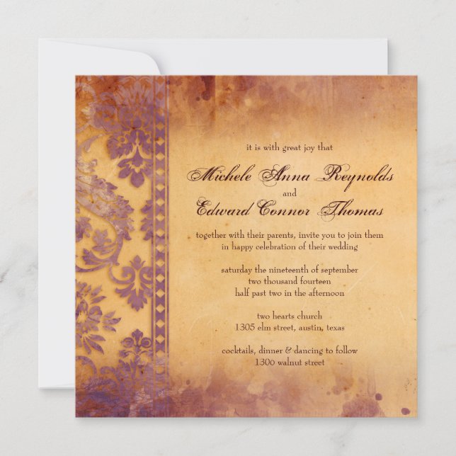 Invitación Lavish Lilac Grunge Damask Lace Boda (Anverso)