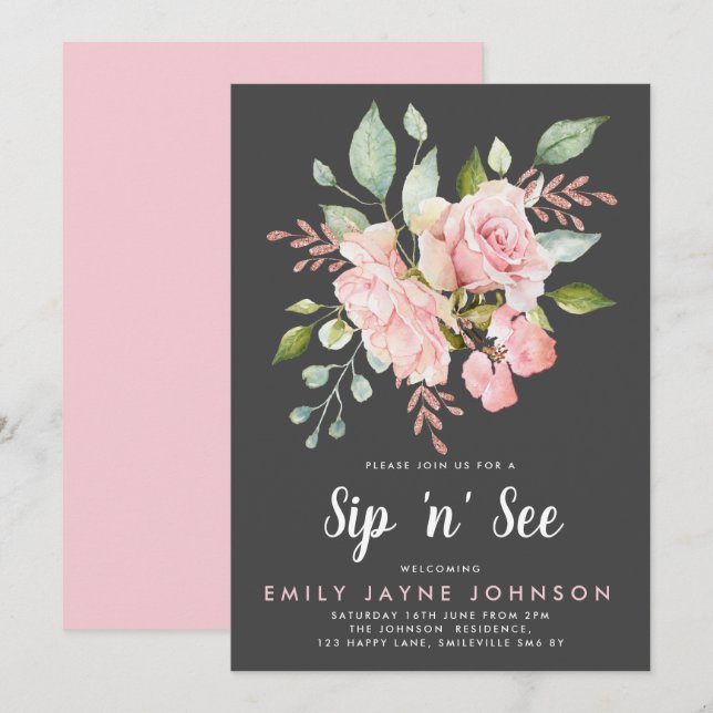 Invitación Lavish Roses rosados y Sip Purpurina y ver (Anverso / Reverso)