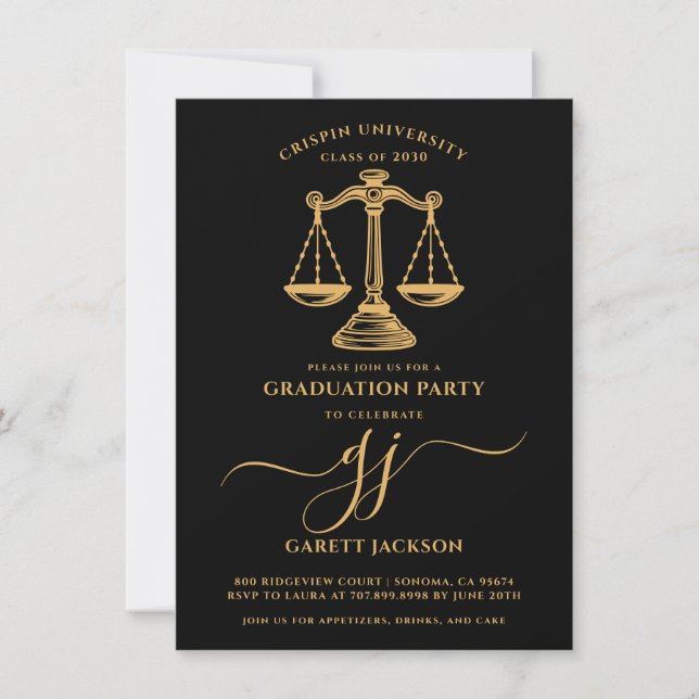Invitación Law School Gold Script Photo Black Graduation  (Anverso)