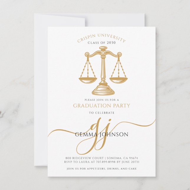 Invitación Law School Gold Script Photo Graduation Party (Anverso)