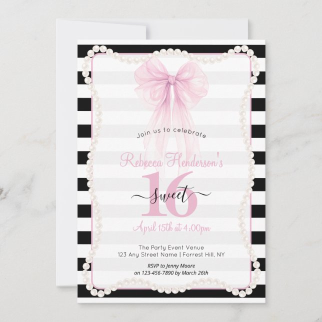 Invitación Layas a Rayas Rosa Lazo Perlas Dulces 16 (Anverso)