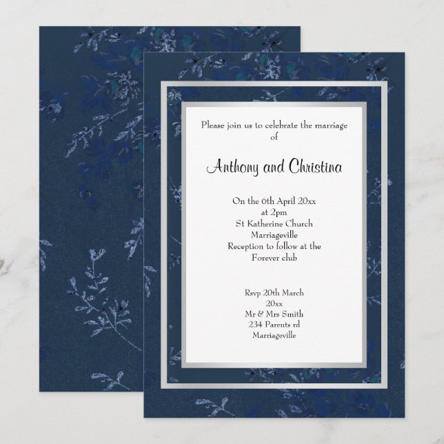 INVITACIÓN LAYER NAVY AZUL SILVER FLOTANDO ELEGANTE BODA (Anverso / Reverso)