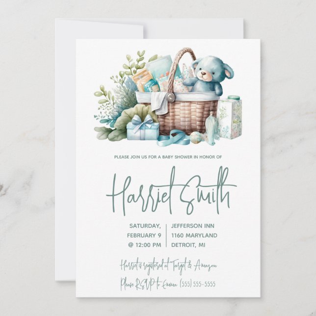 Invitación Layette azul, cesta de regalo, ducha de bebé (Anverso)