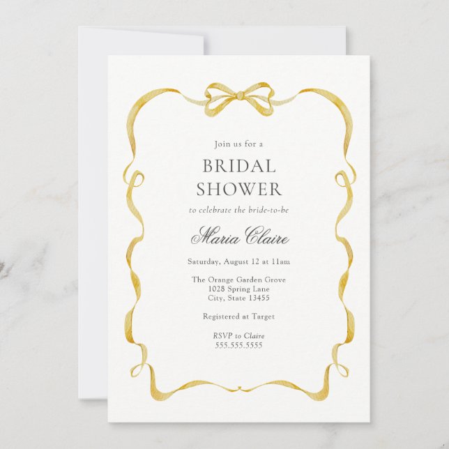 Invitación Lazo amarillo y ducha de novias con arcos (Anverso)