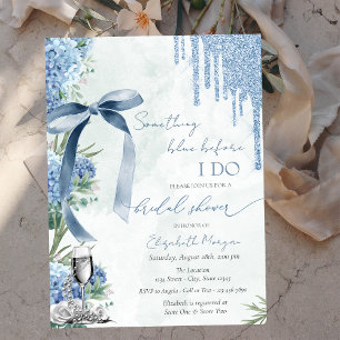 Invitación Lazo azul algo brilla gotas perlas hortensias