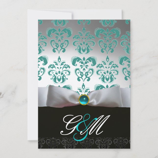 Invitación LAZO AZUL BLANCO  DAMASCO NEGRO MONOGRAMA Champán (Anverso)