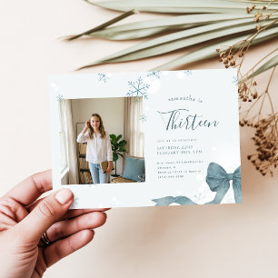 Invitación Lazo Azul Coqueta Chicas Foto Cumpleaños de Invier