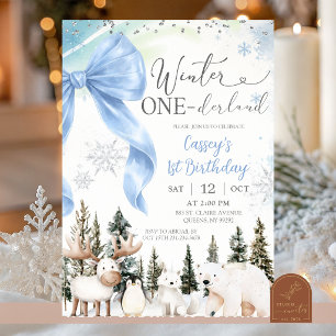 Invitación LAZO AZUL Cumpleaños de Animal Ártico Invierno One