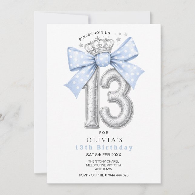 Invitación Lazo azul de coqueta para 13 cumpleaños (Anverso)