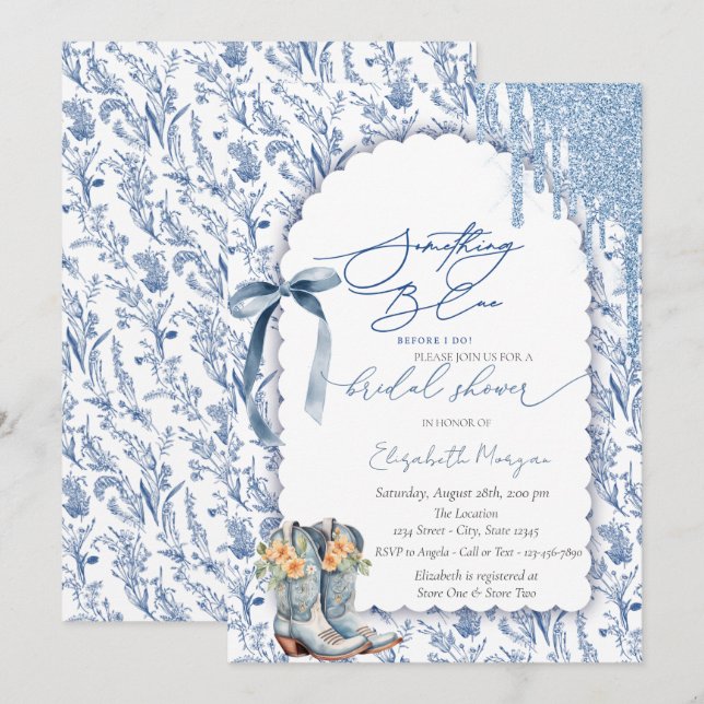 Invitación Lazo Azul Drips Botas Vaqueras Florales (Anverso / Reverso)