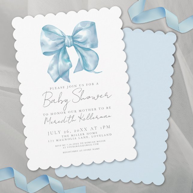 Invitación Lazo Azul Elegante Coqueta Niño Baby Shower (Blue Bow Elegant Coquette Boy Baby Shower Invitation)