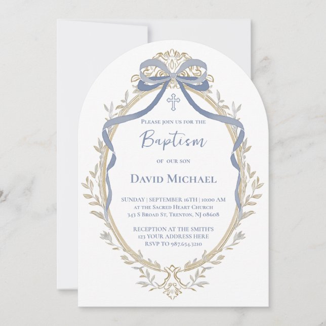 Invitación lazo azul elegante marco beige Bautizo (Anverso)