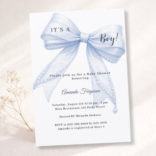 Invitación Lazo azul elegante perlas niño Baby Shower