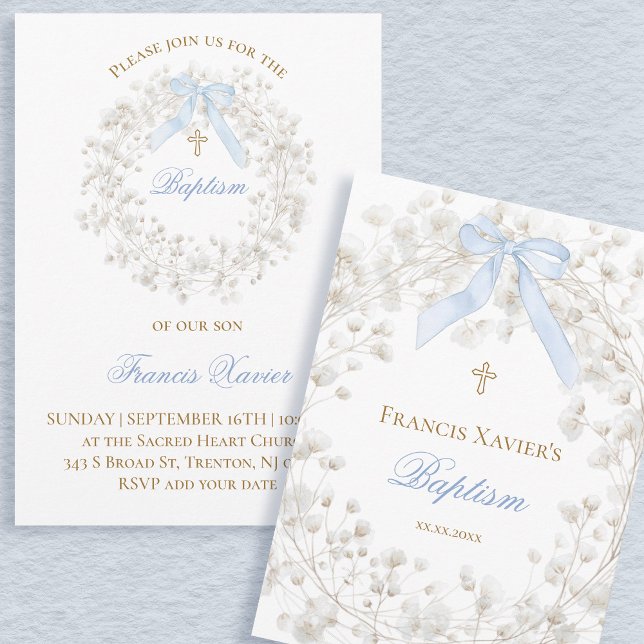 Invitación lazo azul flores de aliento de bebé blanco Bautizo (Subido por el creador)