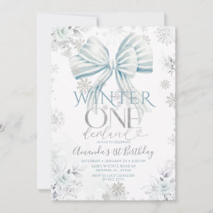 Invitación Lazo Azul Nieve Plateada Invierno Onederland Cumpl