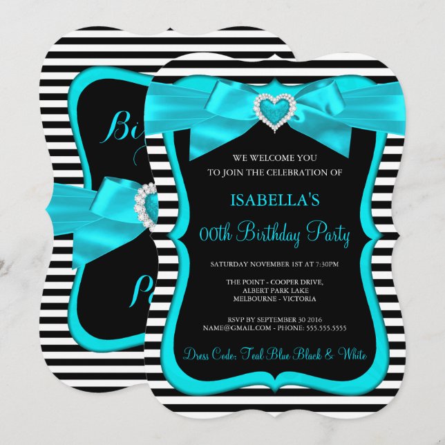 Invitación Lazo azul turquesa raya negra y blanca Cumpleaños (Anverso / Reverso)