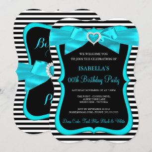 Invitación Lazo azul turquesa raya negra y blanca Cumpleaños