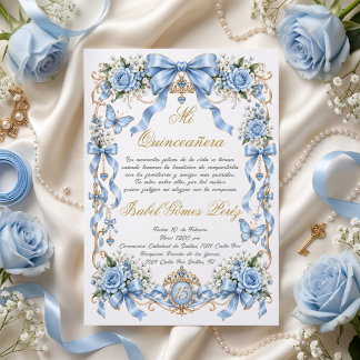 Invitación Lazo azul y dorado para quinceañera, dulces 15 en