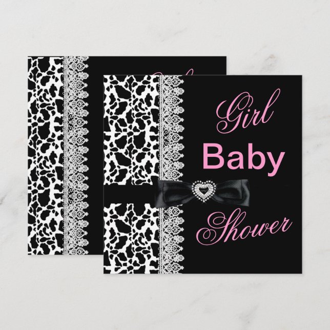 Invitación Lazo Baby Shower de Chica rosa negro de vaca blanc (Anverso / Reverso)