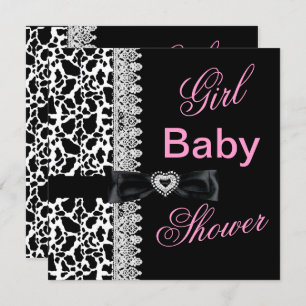 Invitación Lazo Baby Shower de Chica rosa negro de vaca blanc