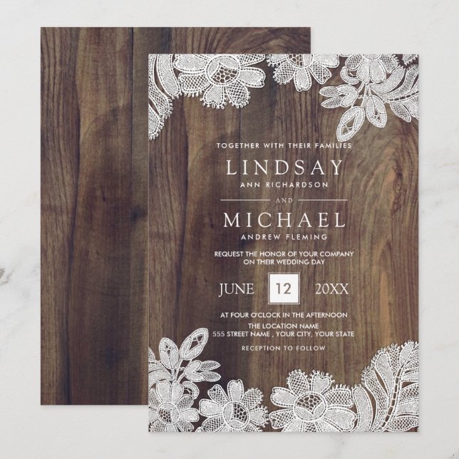 Invitación Lazo blanco | Boda Barn Wood (Anverso / Reverso)