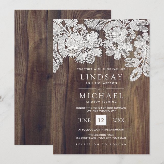 Invitación Lazo blanco | Boda Barn Wood (Anverso / Reverso)