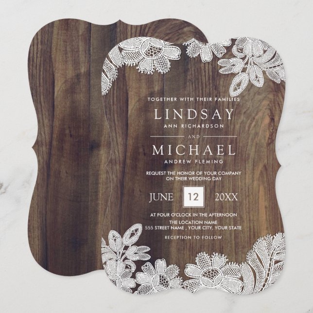 Invitación Lazo blanco | Boda Barn Wood (Anverso / Reverso)
