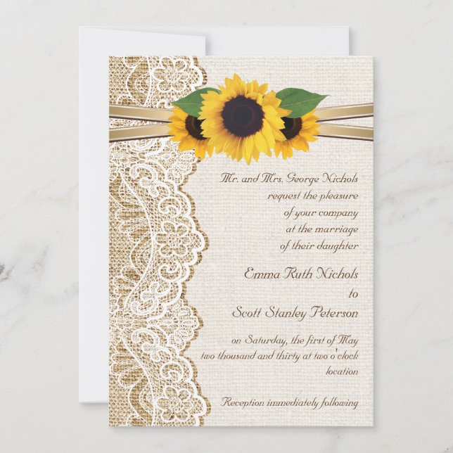 Invitación Lazo blanco, cinta y girasoles en el boda de la bu (Anverso)