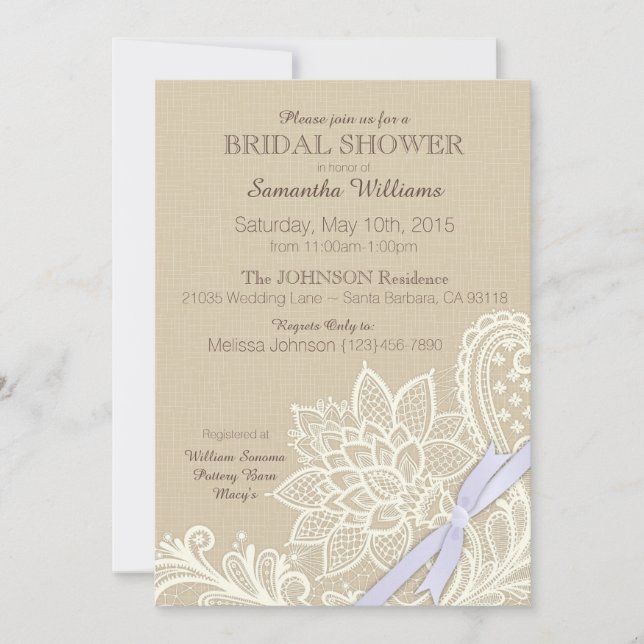 Invitación Lazo blanco de lino y ducha de novia con cinta de  (Anverso)