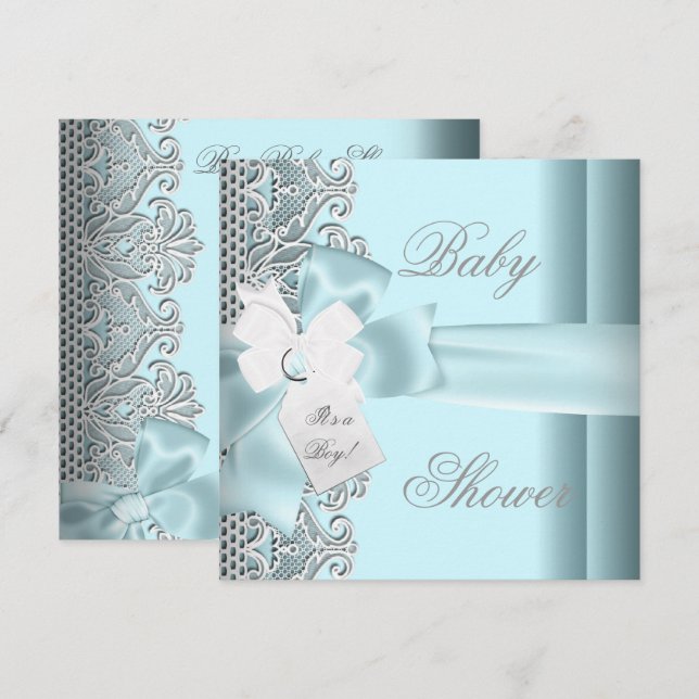 Invitación Lazo blanco gris Verde azulado azul de Baby Shower (Anverso / Reverso)