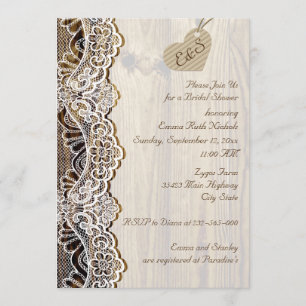 Invitación Lazo blanco y corazón en boda de madera ducha de n