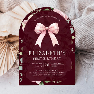 Invitación Lazo Coqueta Floral Rosa Burgundy Primer Cumpleaño