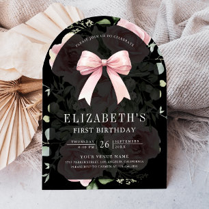 Invitación Lazo Coqueta Floral Rosa Cumpleaños Primero Negro