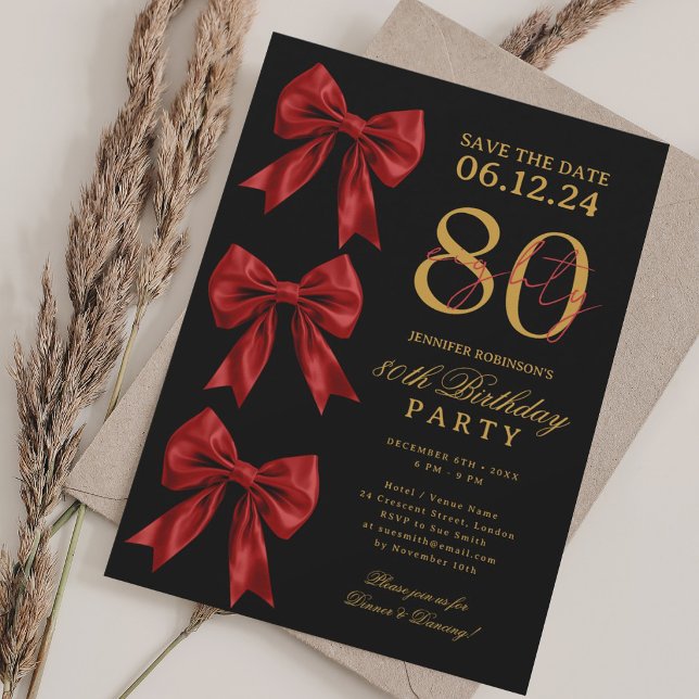 Invitación Lazo Coqueta Rojo Guardar Fecha 80 Cumpleaños Negr (Red Coquette Bow Save Date 80th Birthday Black Invitation)