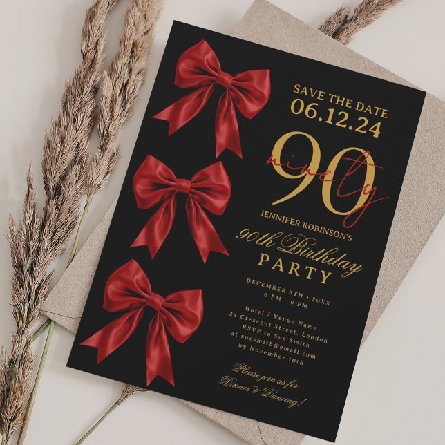 Invitación Lazo Coqueta Rojo Guardar Fecha Cumpleaños 90 (Red Coquette Bow Save Date 90th Birthday Black Invitation)