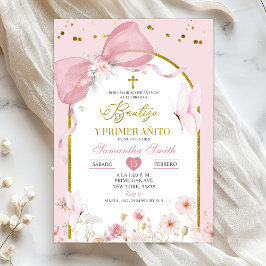 Invitación Lazo Coqueta Rubor Rosa Bautizo Y Primer Anito