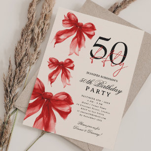 Invitación Lazo Coqueto de Acuarela Roja Cumpleaños 50 Beige