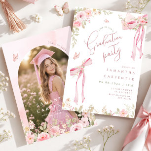 Invitación Lazo coqueto floral elegante de color rosa foto gr