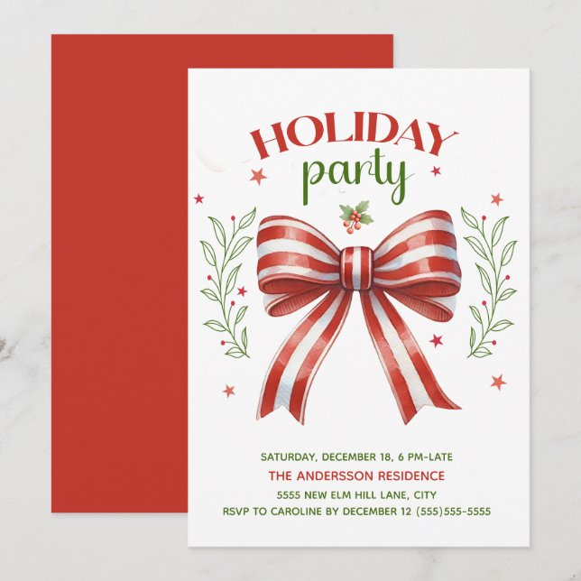 Invitación Lazo Coqueto Rojo Blanco Verde Fiesta Navideña (Anverso / Reverso)