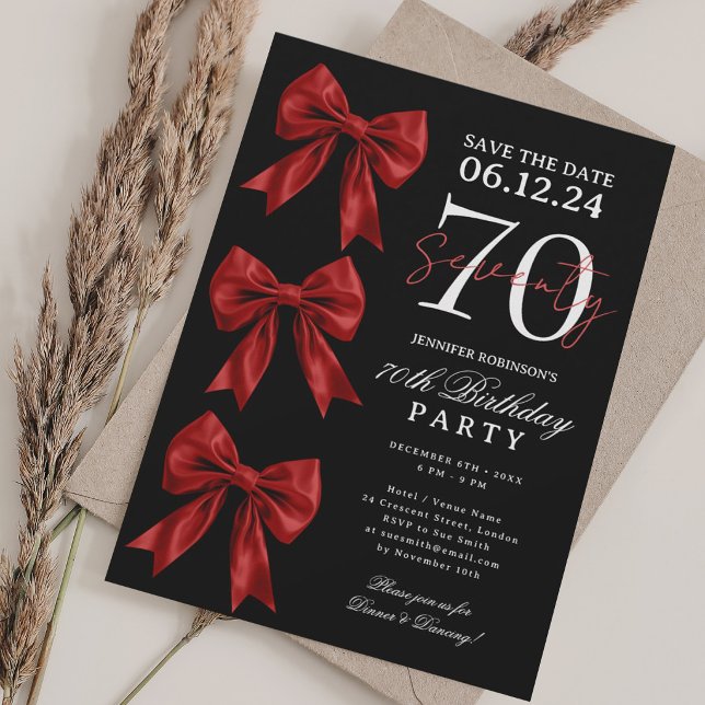 Invitación Lazo Coqueto Rojo Guardar Fecha 70 Cumpleaños Negr (Subido por el creador)