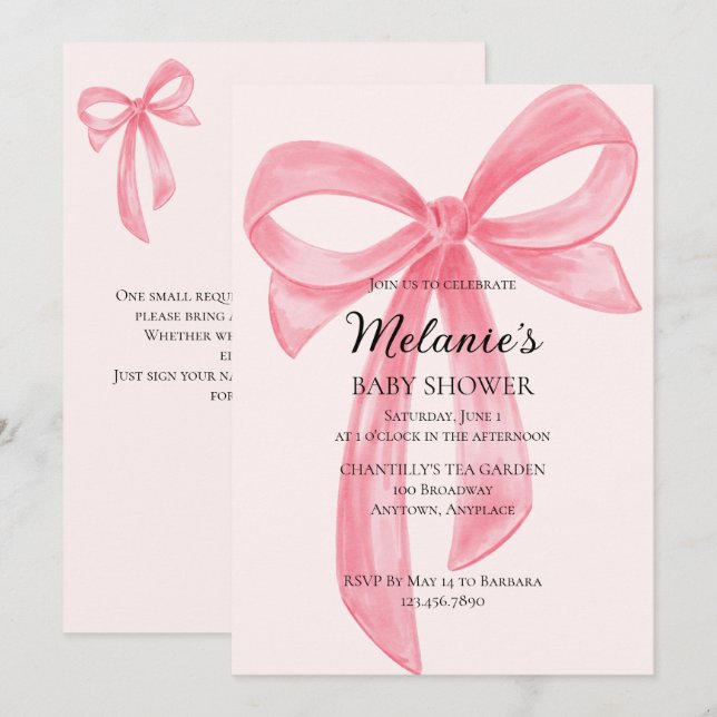 Invitación Lazo Coqueto Rosa Fiesta de Bebé (Anverso / Reverso)