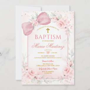 Invitación Lazo Coqueto Rosa Rojizo para Bautizo de Niña