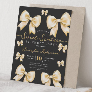 Invitación Lazo Coquette Cumpleaños Dulce 16 Dorado Negro