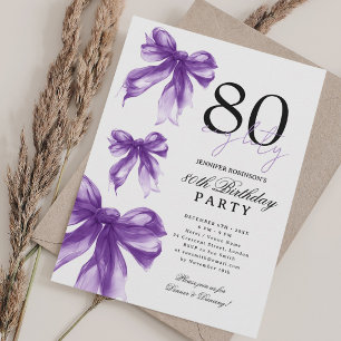 Invitación Lazo Coquette de Acuarela Morada Cumpleaños 80