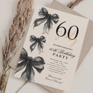 Invitación Lazo Coquette de Acuarela Negra Cumpleaños 60 Beig