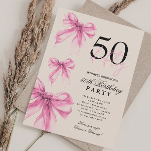 Invitación Lazo Coquette de Acuarela Rosa Cumpleaños 50 Beige