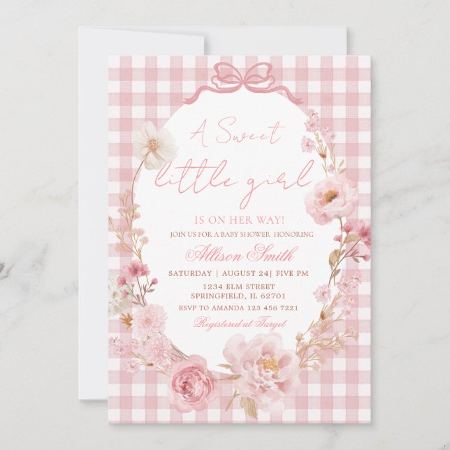 Invitación Lazo Coquette Gingham Rosa Fiesta de Bebé (Anverso)
