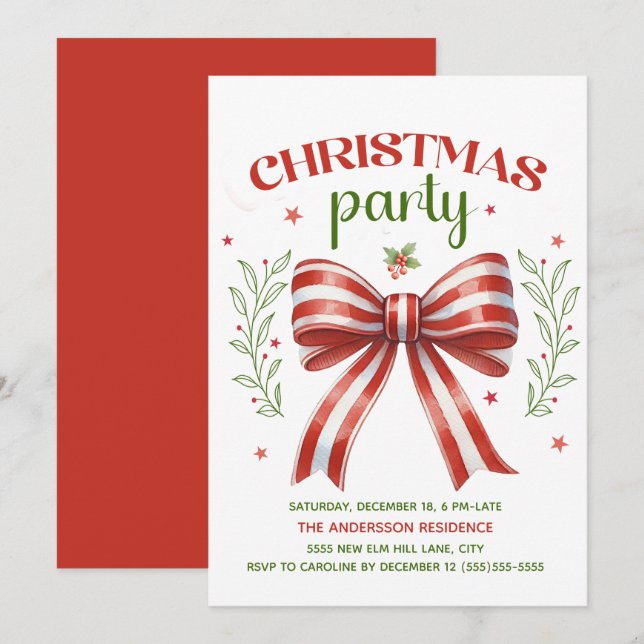 Invitación Lazo Coquette Rojo Blanco Verde Fiesta de Navidad (Anverso / Reverso)