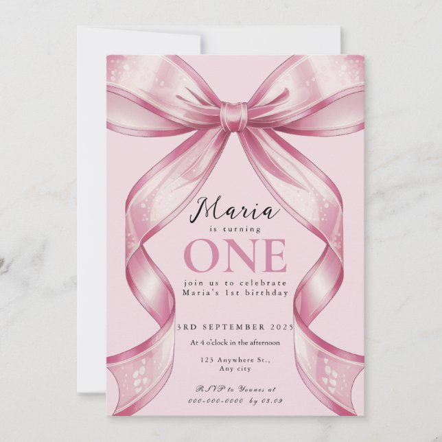 Invitación Lazo Coquette Rosa Sparkle 1er (Anverso)